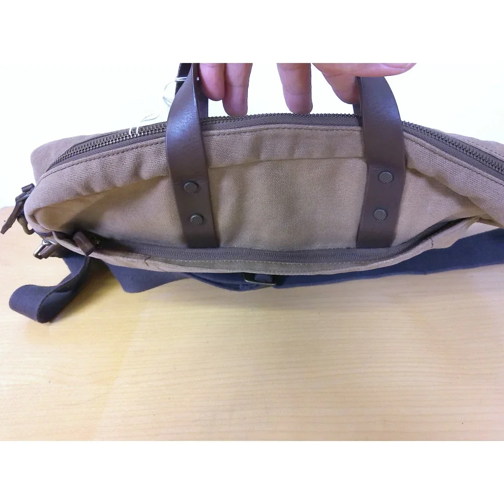 Tumi T-Tech Waxed Canvas Messenger Bag Briefcase Khaki Brown Leather Trim